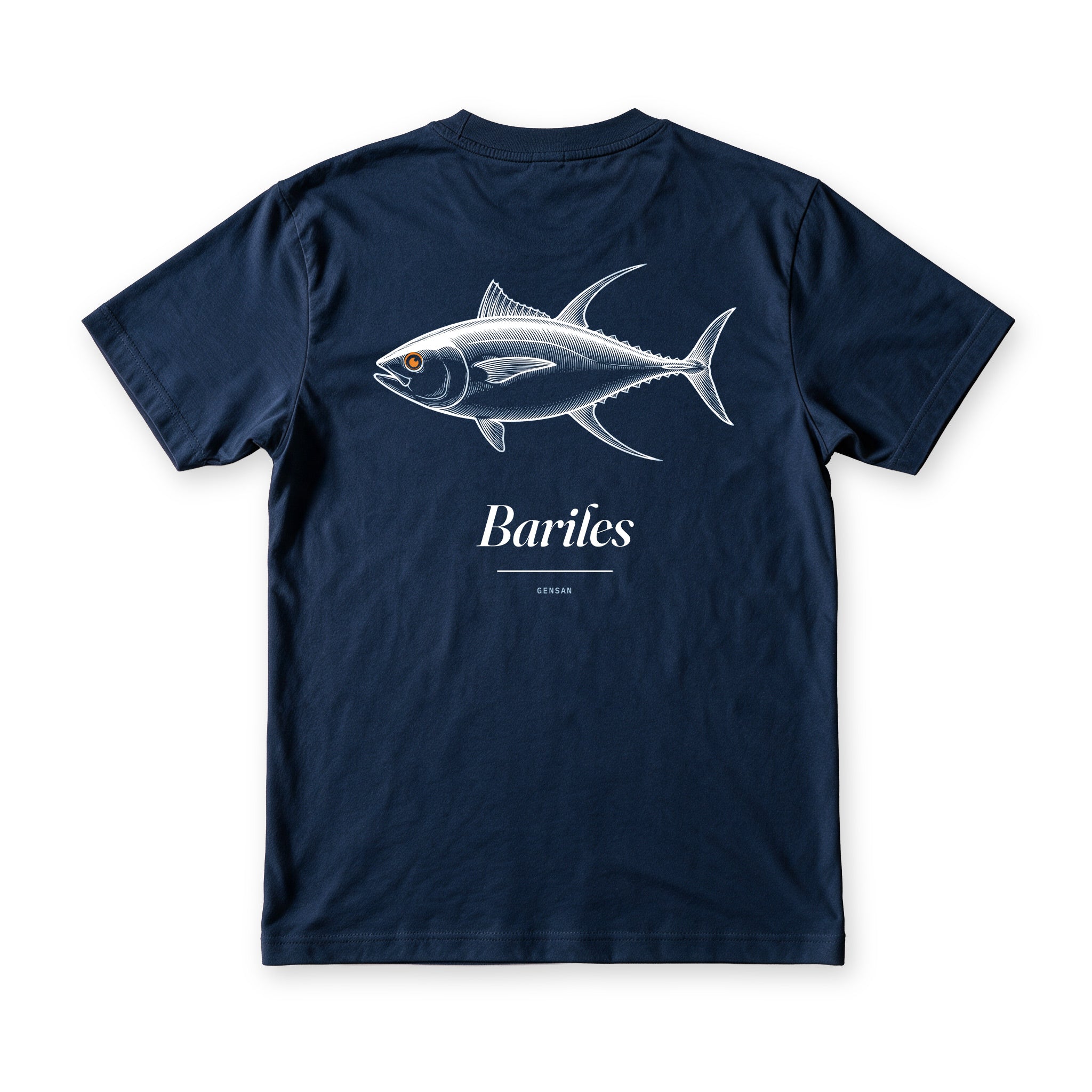 Back of a Reef Navy Gensan Bariles Tee showing a white engraved yellowfin tuna above the word Bariles and the label GENSAN.
