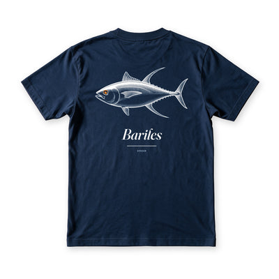 Back of a Reef Navy Gensan Bariles Tee showing a white engraved yellowfin tuna above the word Bariles and the label GENSAN.