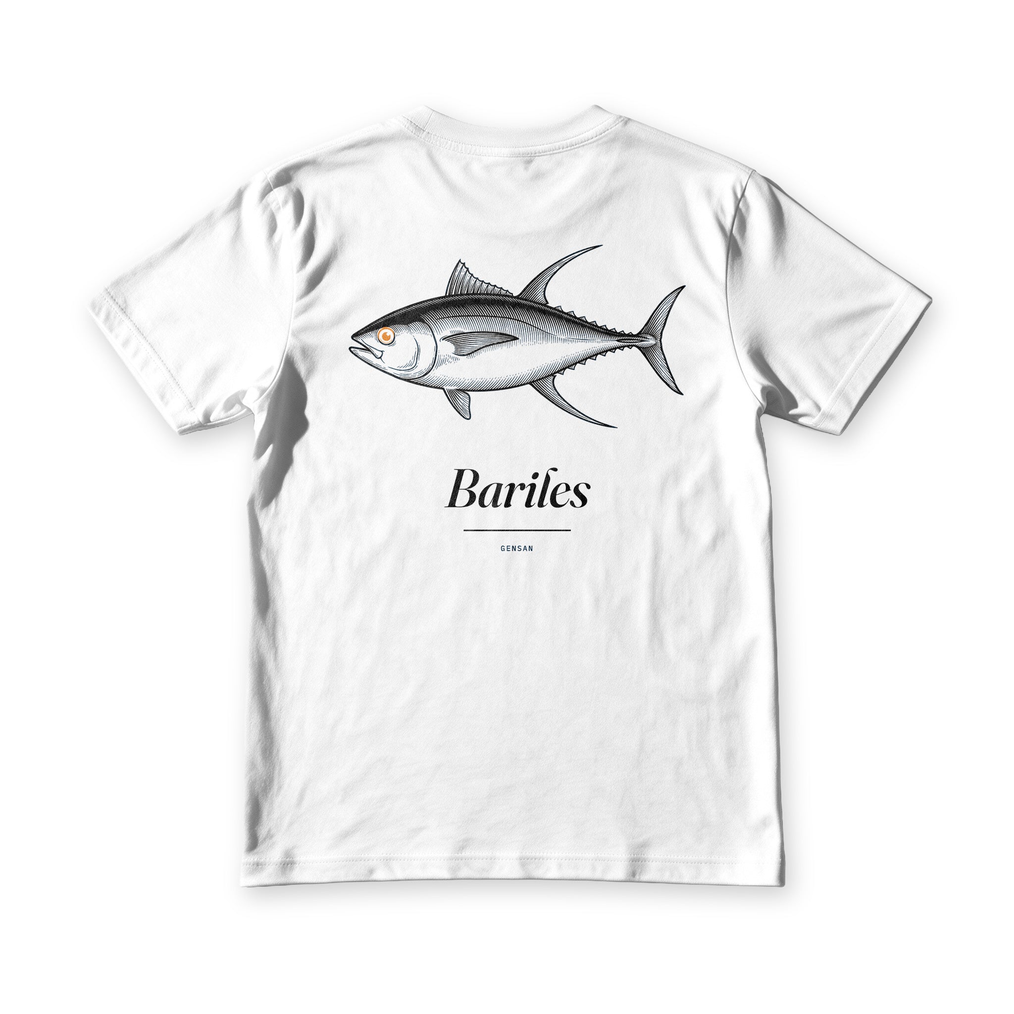 Back of a white Gensan Bariles Tee showing a black engraved yellowfin tuna above the word Bariles and the label GENSAN.