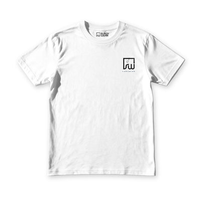 Front of a white Gensan Bariles Tee with the black Suroy Wear fishhook monogram and the coordinates 6.12°N 125.17°E on the left chest.