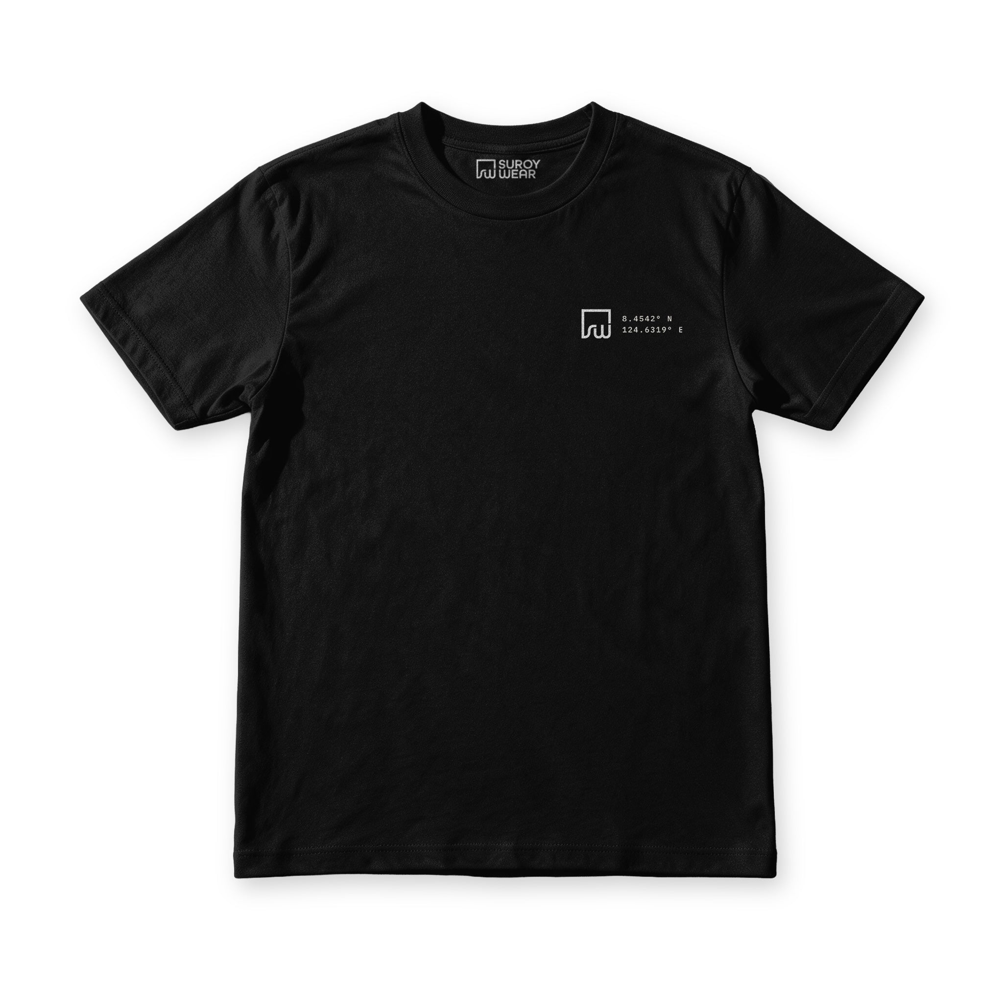Higala tee in Midnight Black, front view, small chest mark over the Cagayan de Oro coordinates