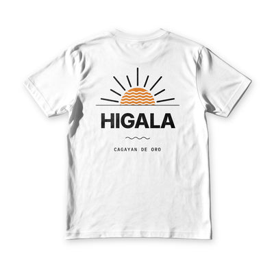 Higala tee in white, back view, HIGALA under an orange sunrise with waves inside it and Cagayan de Oro below
