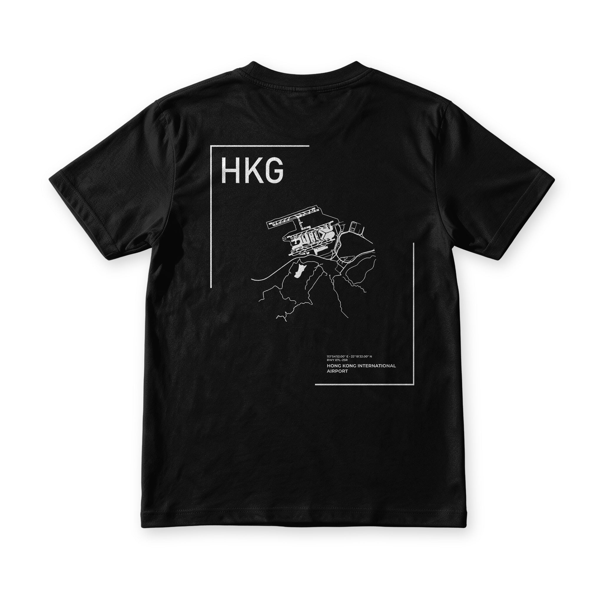 Suroy Wear Airport Series HKG tee in black, back view, line map of Hong Kong International on Chek Lap Kok