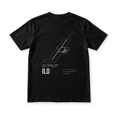 Suroy Wear Airport Series ILO tee in Midnight Black, back view, Iloilo airport chart with runway 02/20