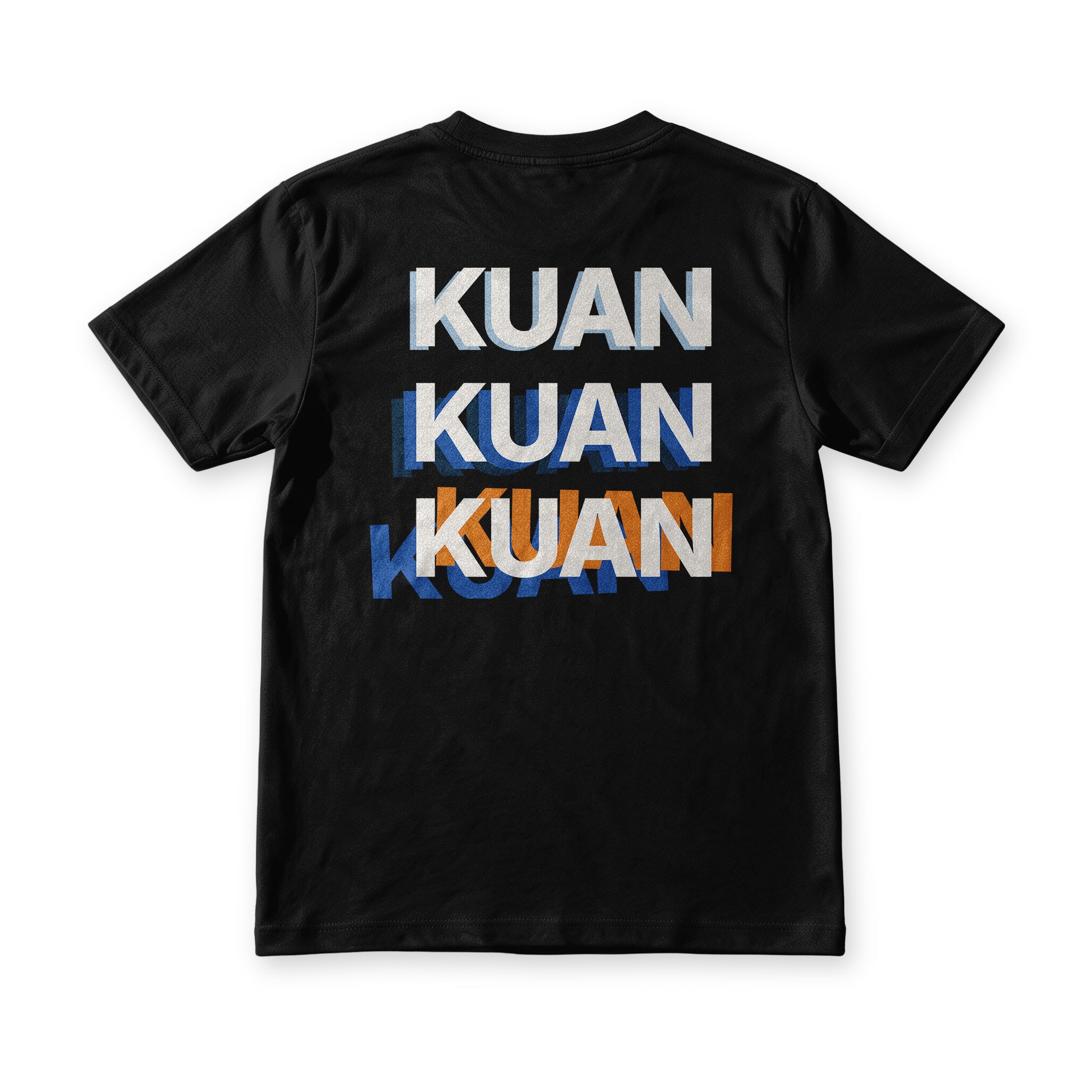 Kuan tee in Midnight Black, back view, Kuan printed three times in white, blue and orange, out of register