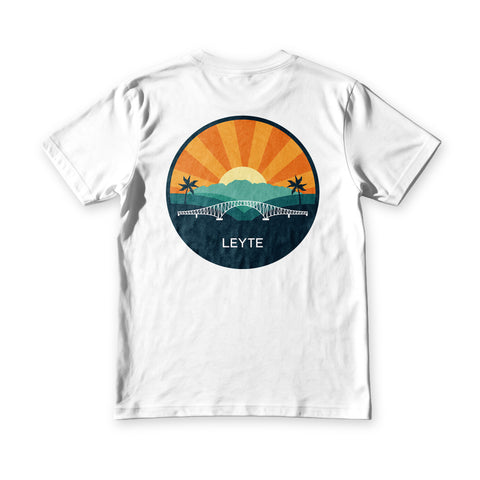 Suroy Wear Leyte tee in white, back view, round badge of the San Juanico Bridge under an orange sunburst