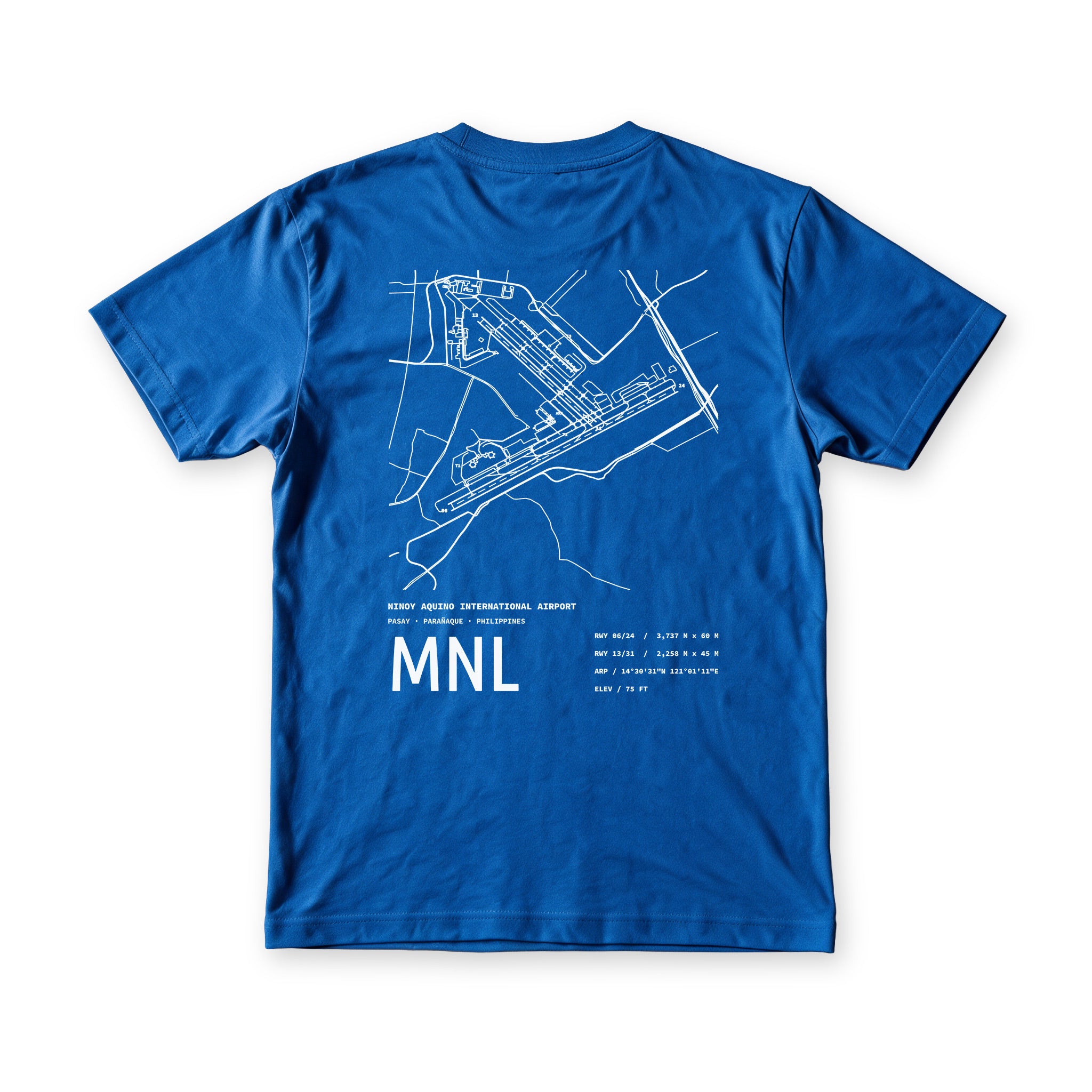 Airport Series MNL tee in Serenity Blue, back view, both NAIA runways mapped in white above the MNL code