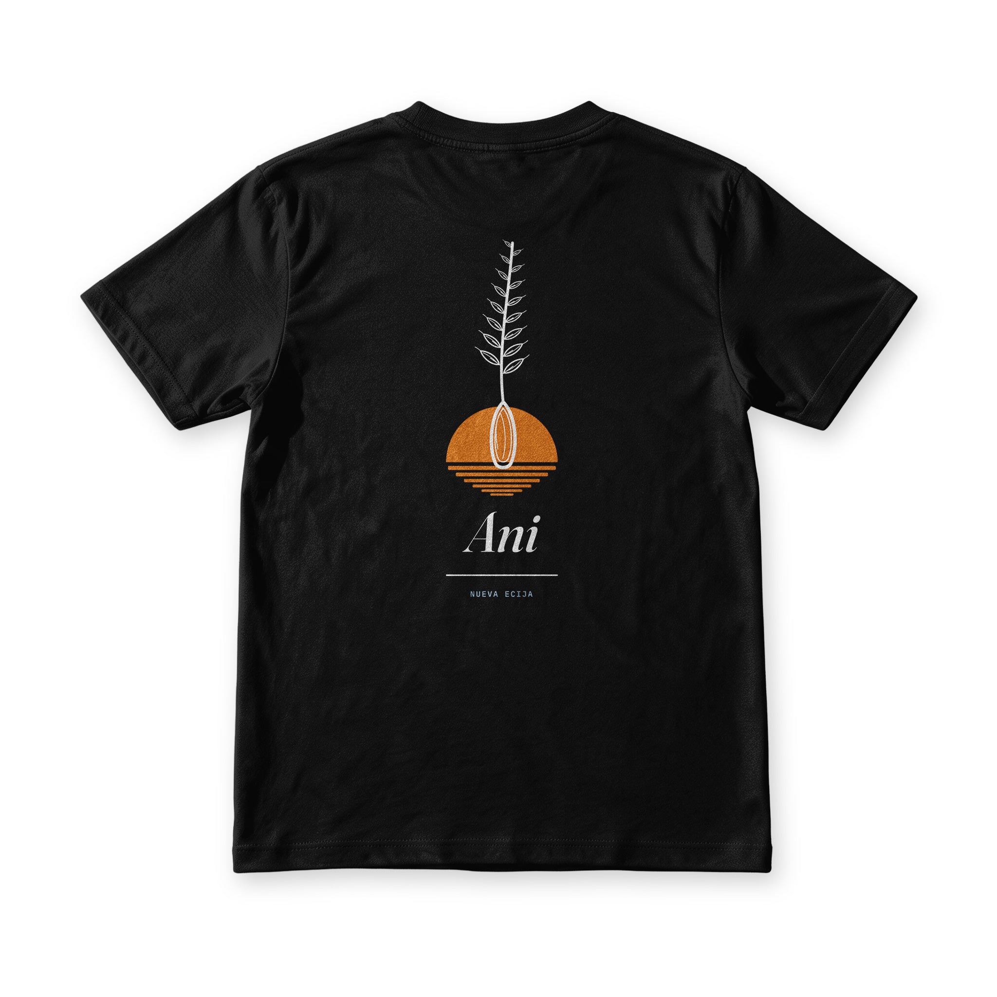 Back of the Nueva Ecija Ani Tee in Midnight Black, with a palay stalk rising from an orange sun above the word Ani and a Nueva Ecija stamp
