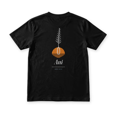 Back of the Nueva Ecija Ani Tee in Midnight Black, with a palay stalk rising from an orange sun above the word Ani and a Nueva Ecija stamp