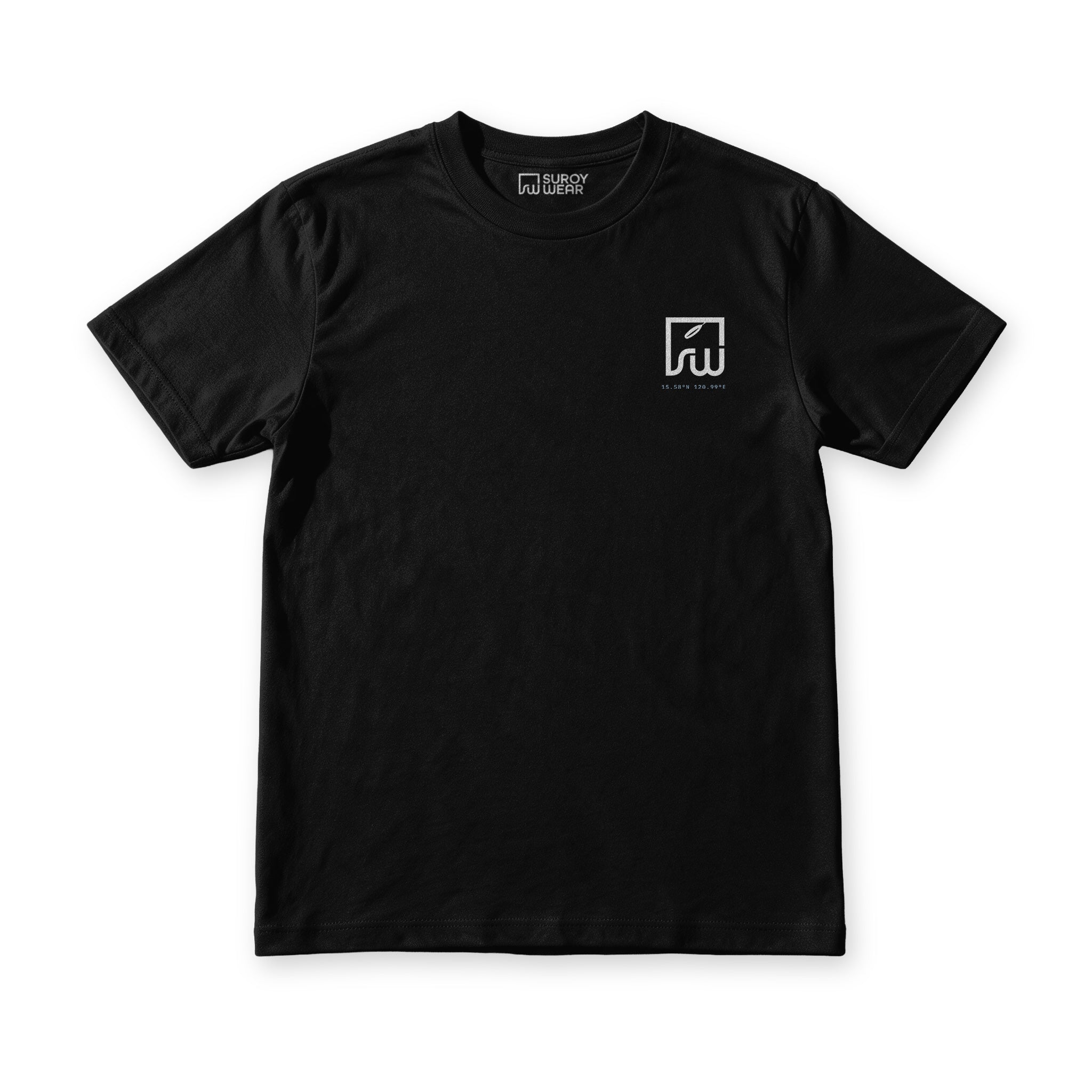 Front of the Nueva Ecija Ani Tee in Midnight Black, with the small Suroy Wear chest mark and coordinate stamp