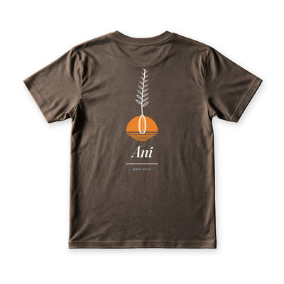 Back of the Nueva Ecija Ani Tee in Cocoa, with a palay stalk rising from an orange sun above the word Ani and a Nueva Ecija stamp