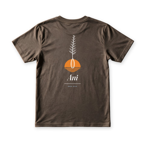 Back of the Nueva Ecija Ani Tee in Cocoa, with a palay stalk rising from an orange sun above the word Ani and a Nueva Ecija stamp