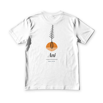 Back of the Nueva Ecija Ani Tee in White, with a palay stalk rising from an orange sun above the word Ani and a Nueva Ecija stamp