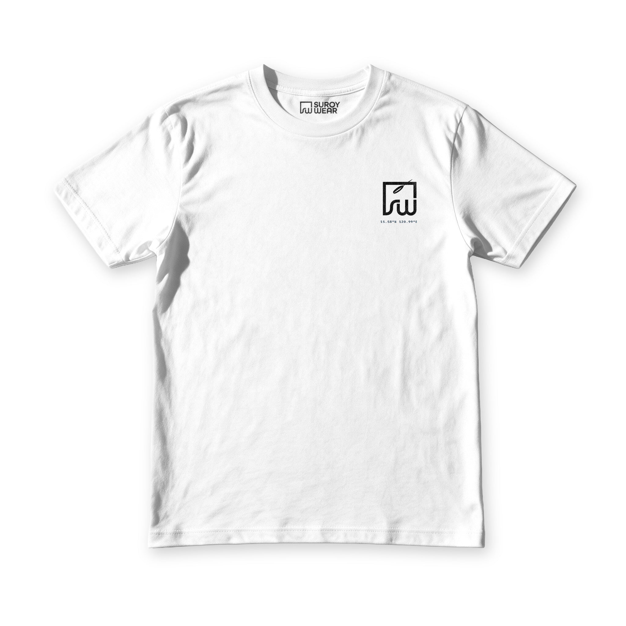 Front of the Nueva Ecija Ani Tee in White, with the small Suroy Wear chest mark and coordinate stamp