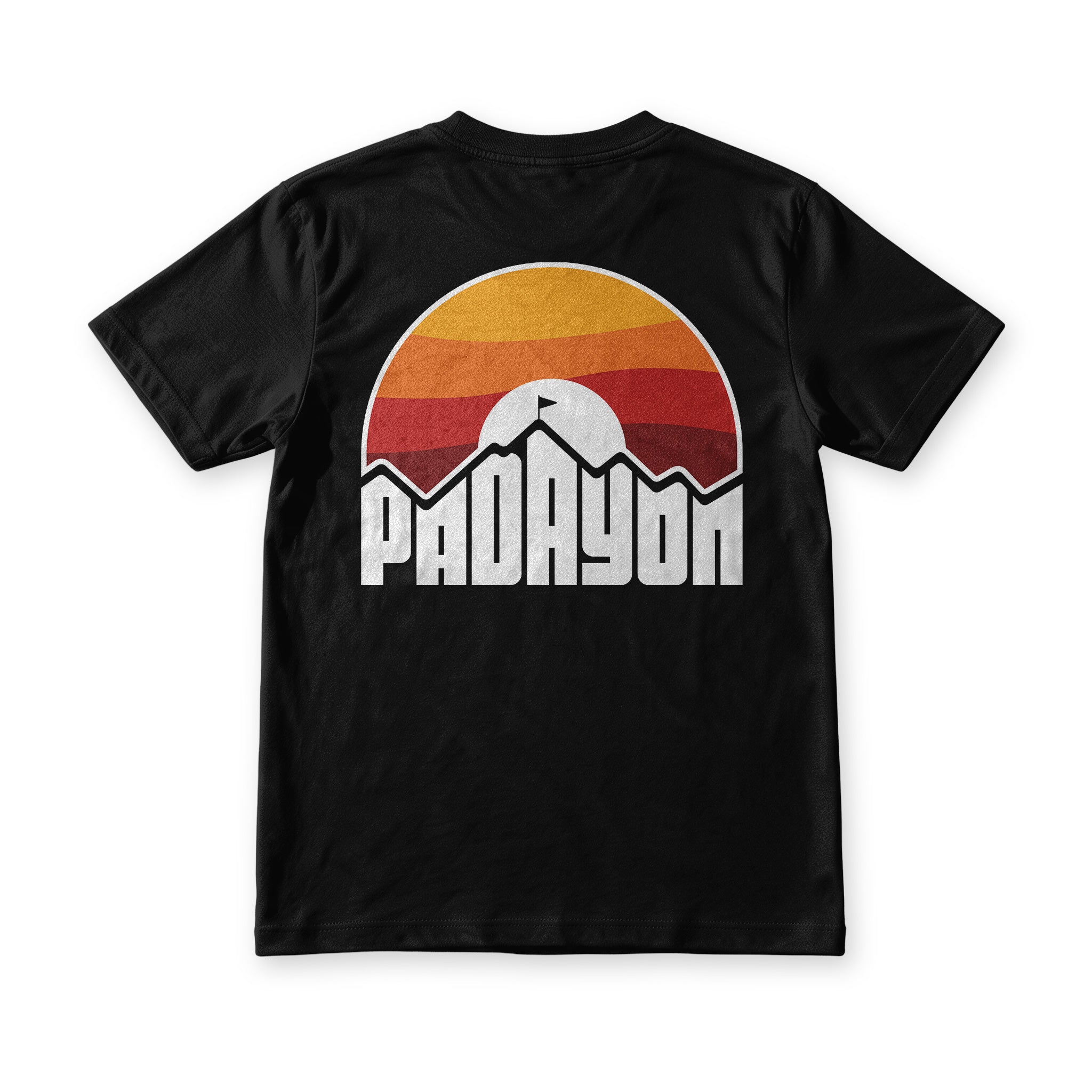 Suroy Wear Padayon tee in black, back view, sunset arch print with a lone figure on the summit
