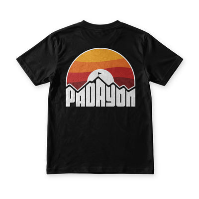 Suroy Wear Padayon tee in black, back view, sunset arch print with a lone figure on the summit