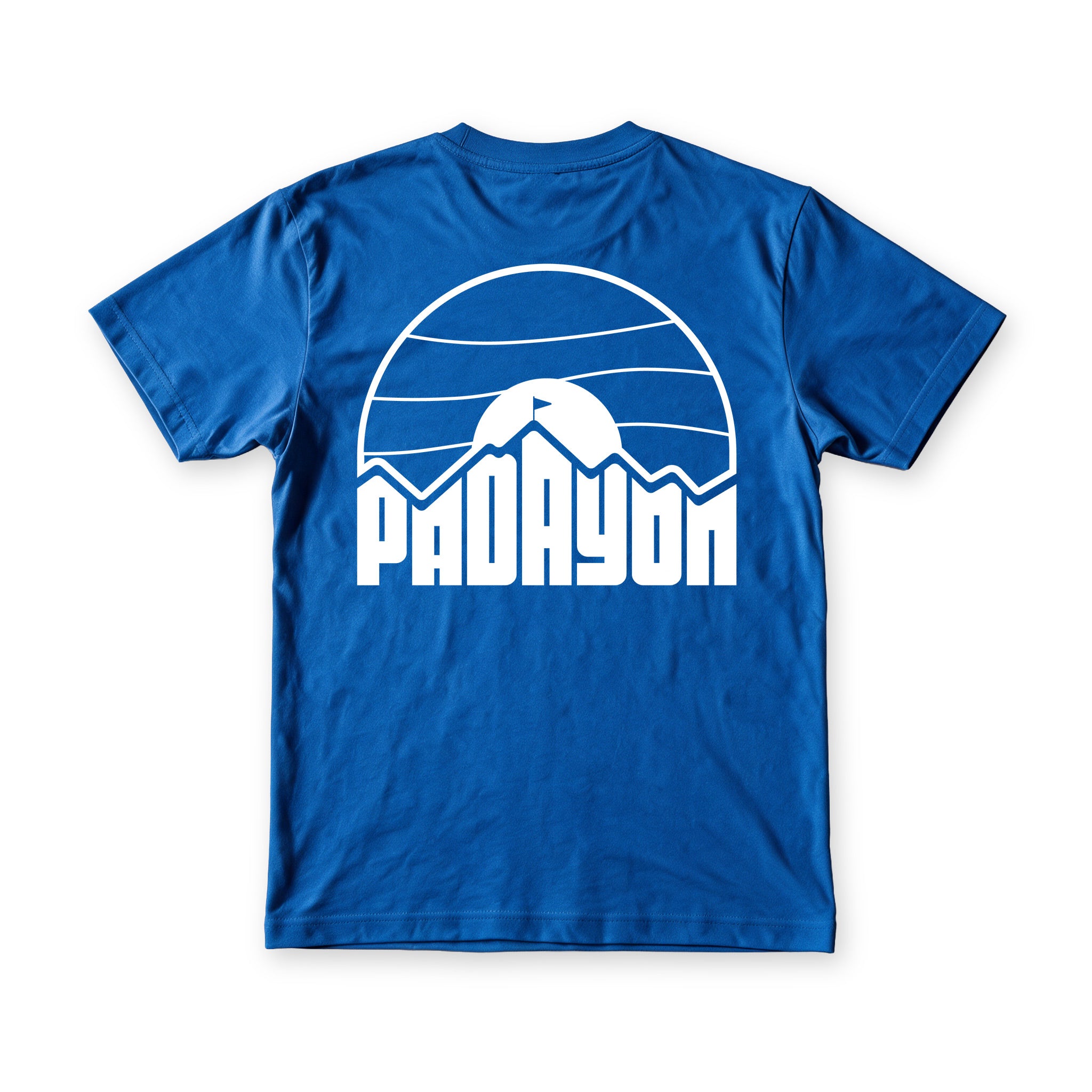 Padayon tee in Serenity Blue, back view, white line art sunset arch print