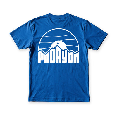Padayon tee in Serenity Blue, back view, white line art sunset arch print