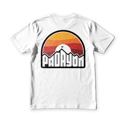 Padayon tee in white, back view, sunset arch print with a lone figure on the summit