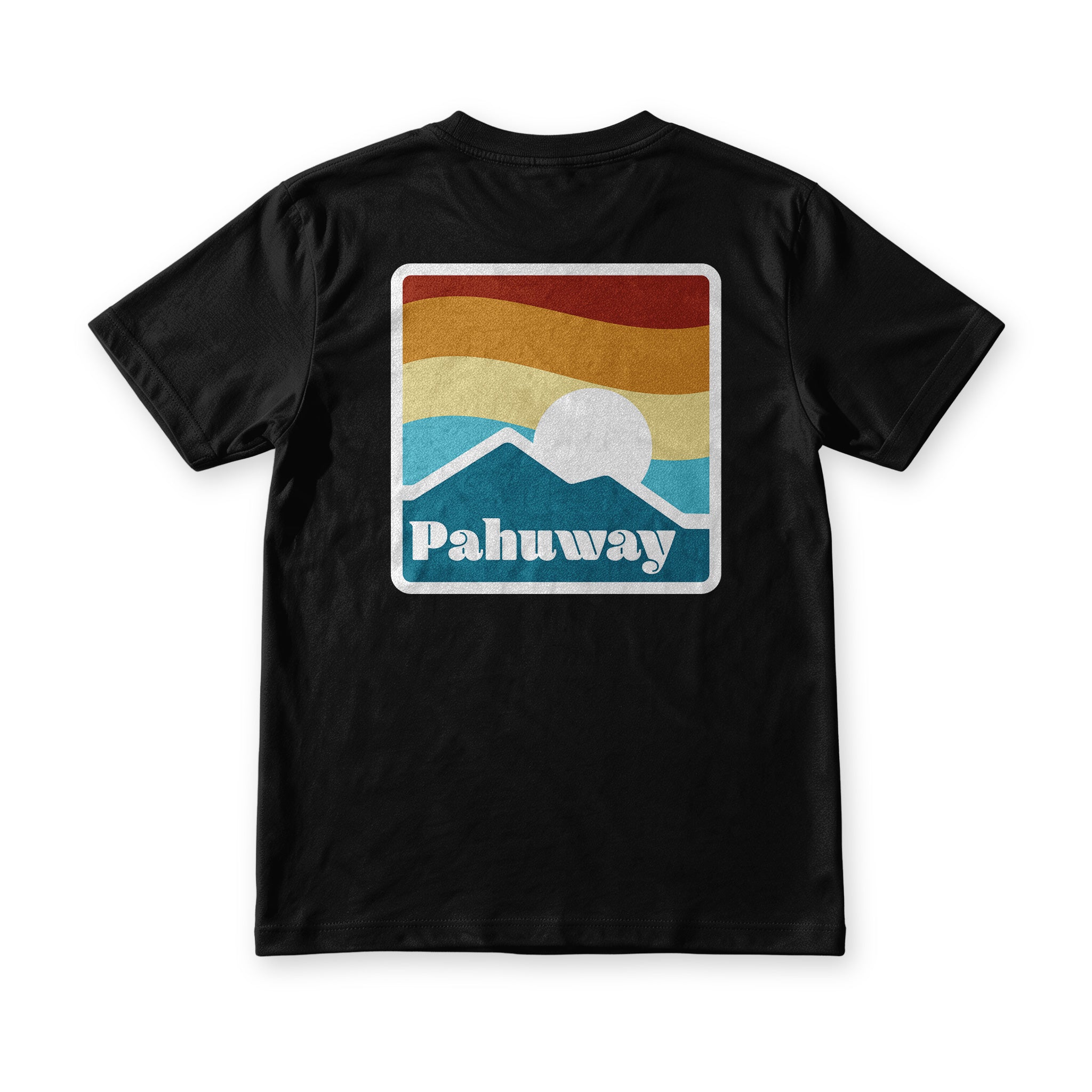 Pahuway tee in black, back view, retro sunset badge with the Pahuway wordmark