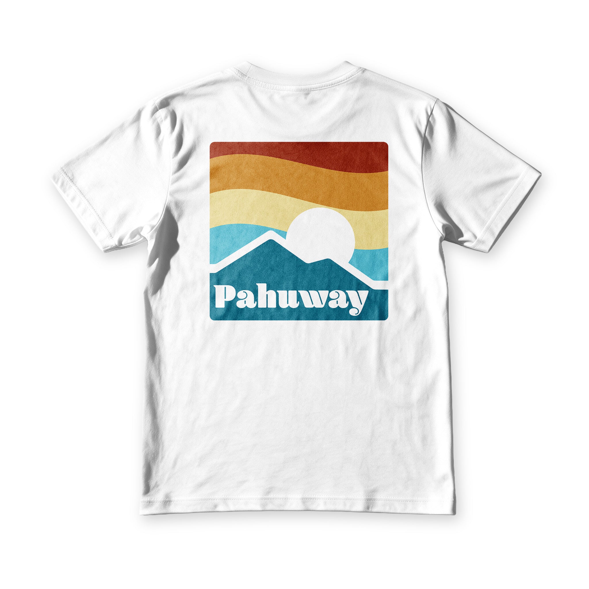 Suroy Wear Pahuway tee in white, back view, retro sunset badge with the Pahuway wordmark