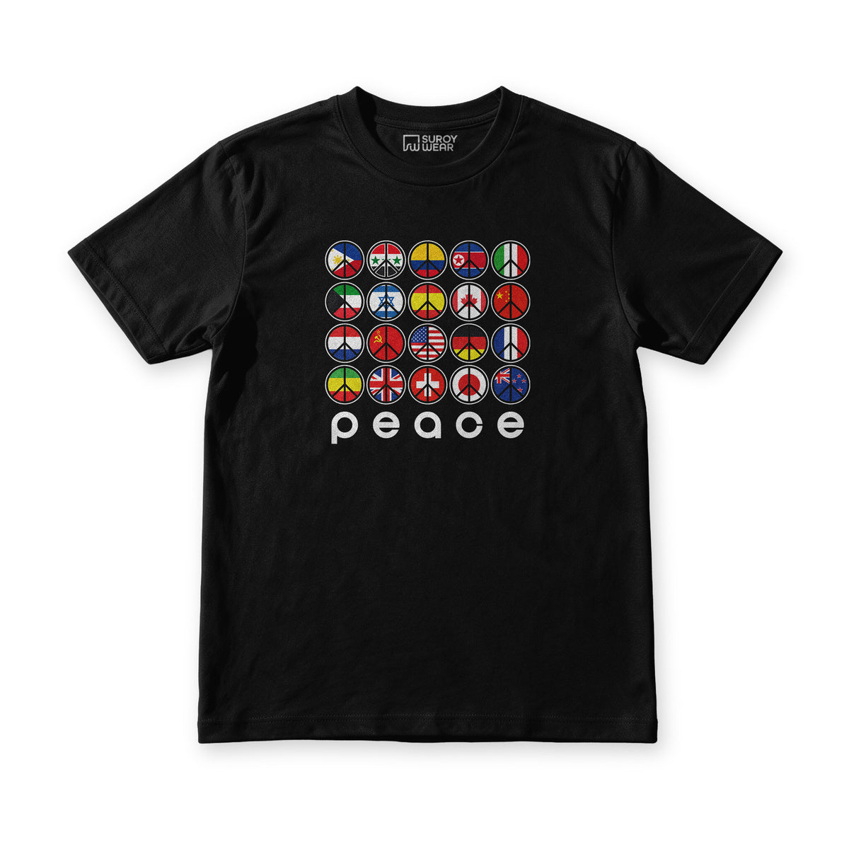 Peace tee in black, front view, grid of peace signs filled with national flags above the word peace
