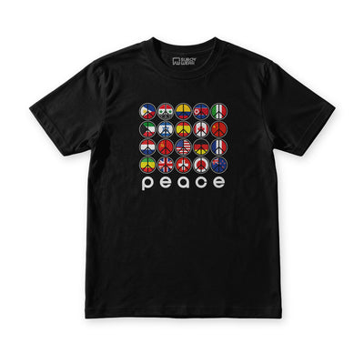 Peace tee in black, front view, grid of peace signs filled with national flags above the word peace