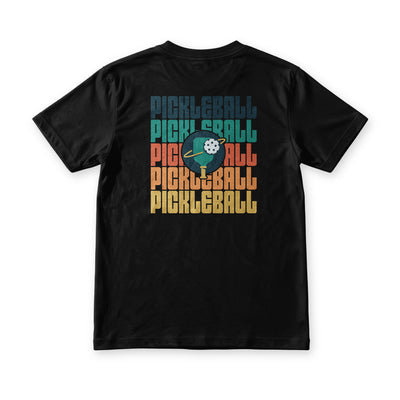 Suroy Wear Pickleball Club tee in black, back view, pickleball stacked five times in retro colour bands