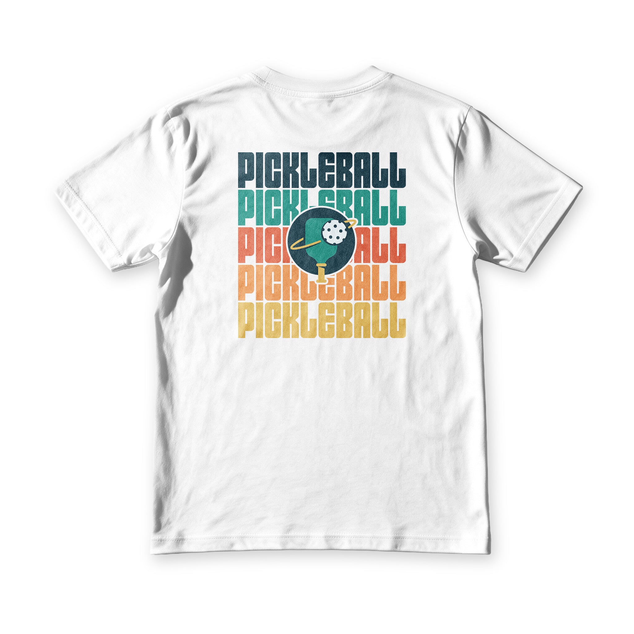 Pickleball Club tee in white, back view, pickleball in navy, teal, coral, orange and gold bands
