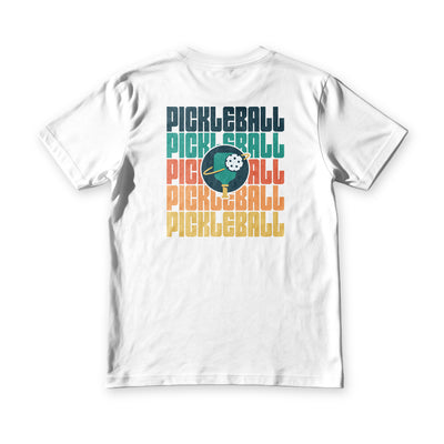 Pickleball Club tee in white, back view, pickleball in navy, teal, coral, orange and gold bands
