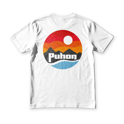 Suroy Wear Puhon tee in white, back view, circular sunset print with the Puhon wordmark