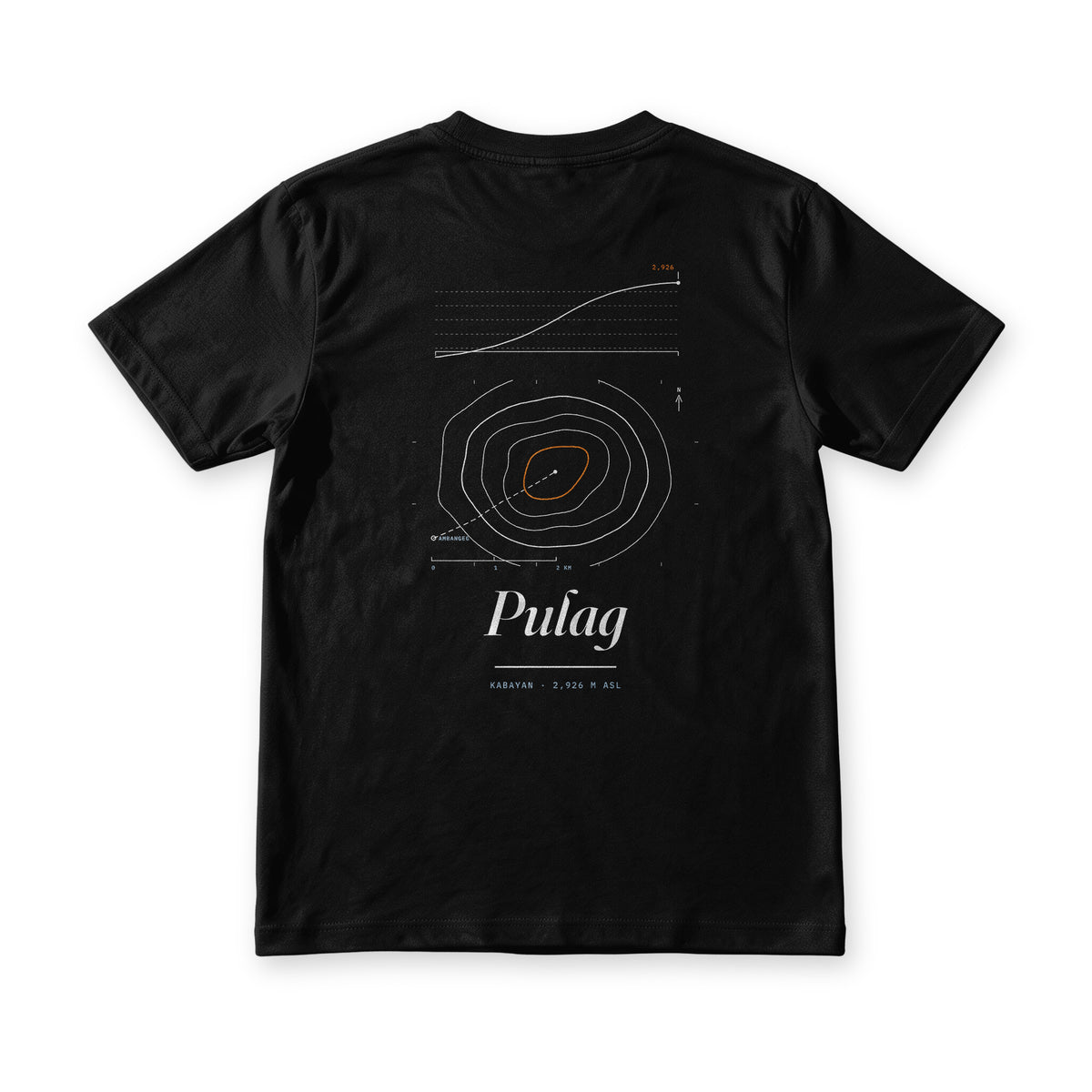 Pulag tee in Midnight Black, back view, summit contour map above Kabayan, 2,926 m above sea level