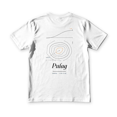 Suroy Wear Pulag tee in white, back view, summit contour map with the Ambangeg trail dashed to an orange peak