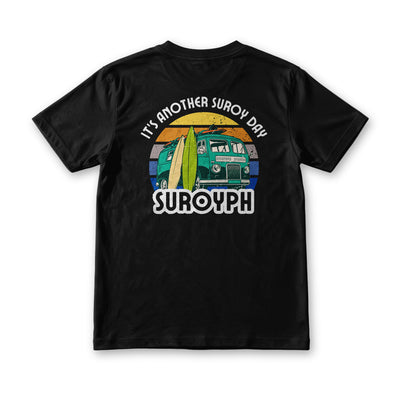 Suroy Wear Retro Van tee in black, back view, camper van and surfboards under it's another suroy day