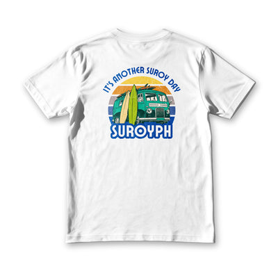 Retro Van tee in white, back view, camper van and surfboards under it's another suroy day