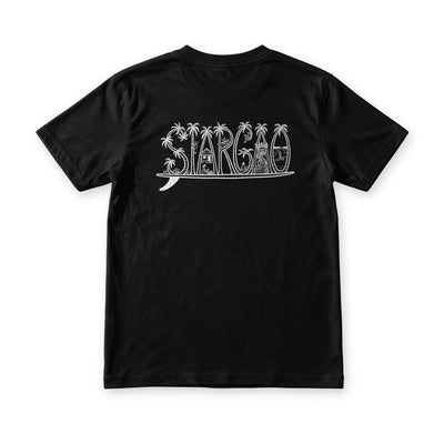 Siargao Palms tee in Midnight Black, back view, SIARGAO drawn in palm trees and island scenes across a surfboard