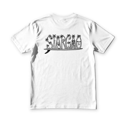 Suroy Wear Siargao Palms tee in white, back view, SIARGAO drawn in palm trees and island scenes across a surfboard