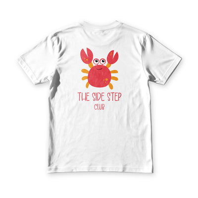 Side Step Club tee in white, back view, red crab above the words the side step club