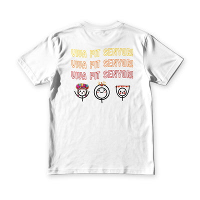 Sinulog Vibes tee in white, back view, Viva Pit Senyor repeated three times above three festival faces