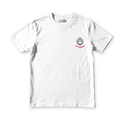 Sinulog Vibes tee in white, front view, small Pit Senyor face mark at the left chest