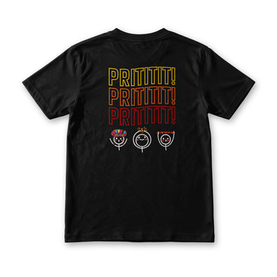 Sinulog Vibes tee in Midnight Black, back view, Prititit repeated three times over three festival faces