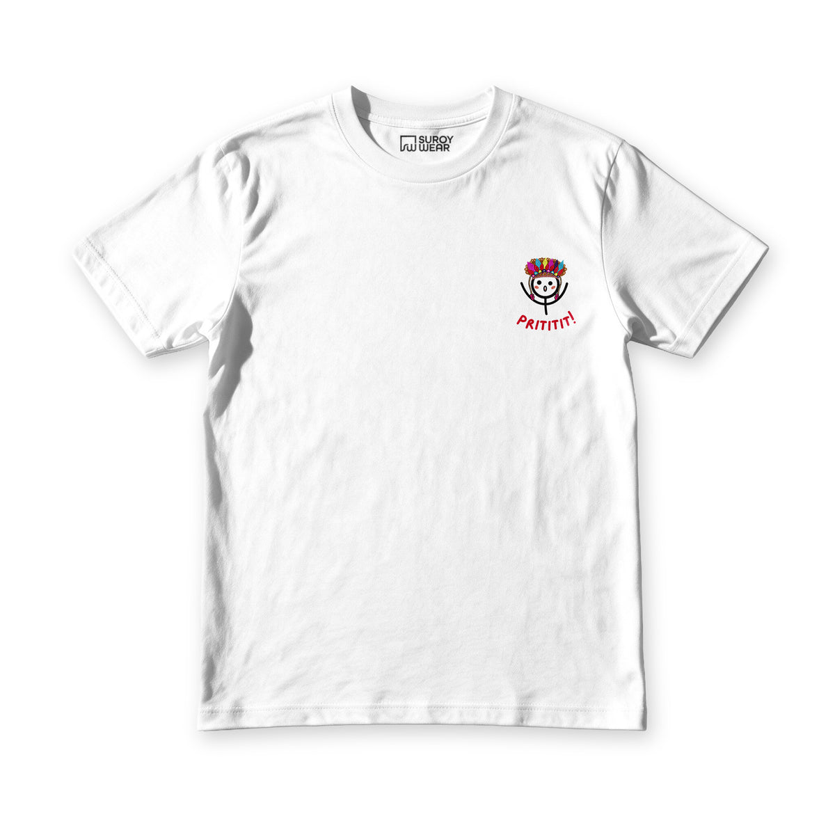 Sinulog Vibes tee in white, front view, small Prititit face mark at the left chest