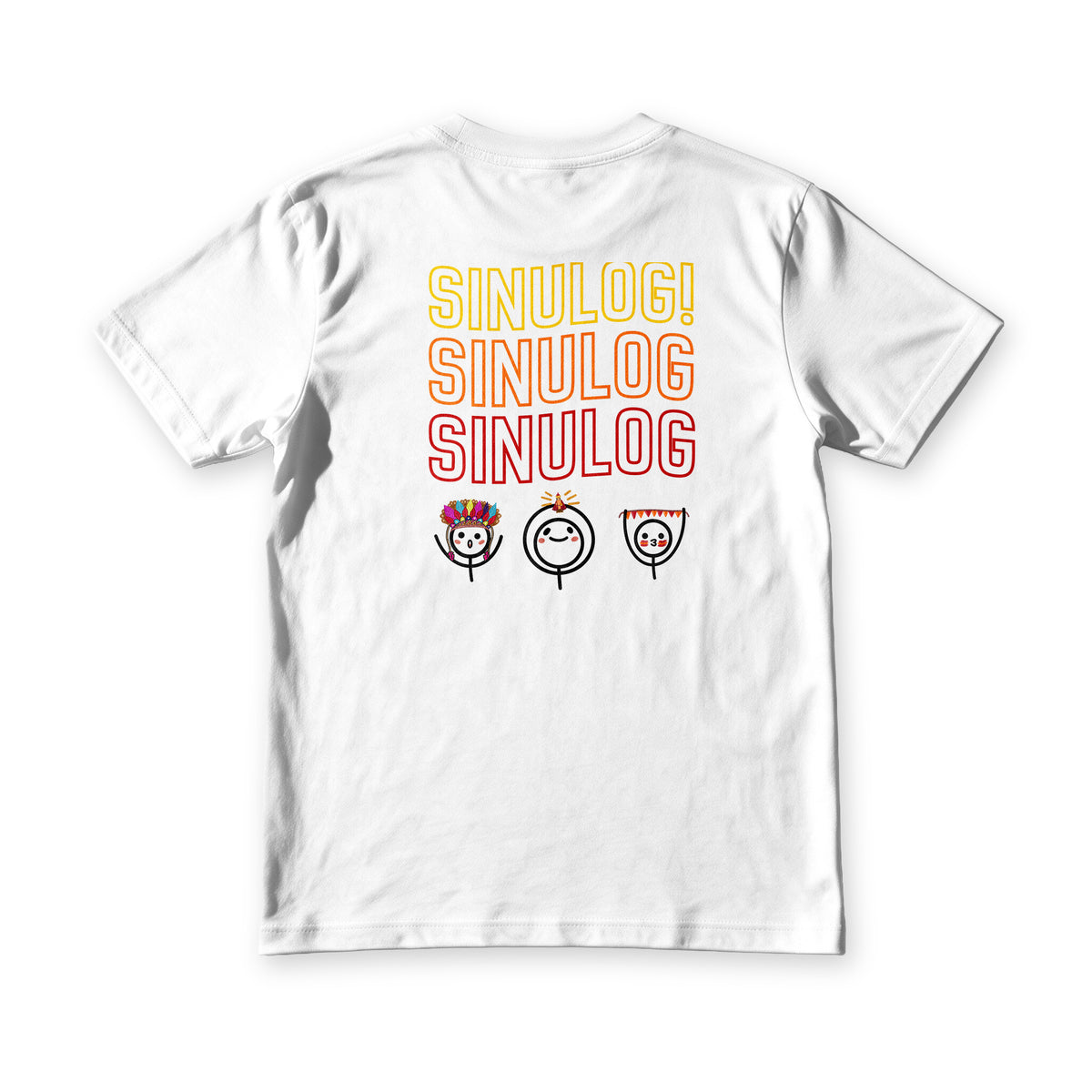 Sinulog Vibes tee in white, back view, Sinulog repeated three times above three festival faces