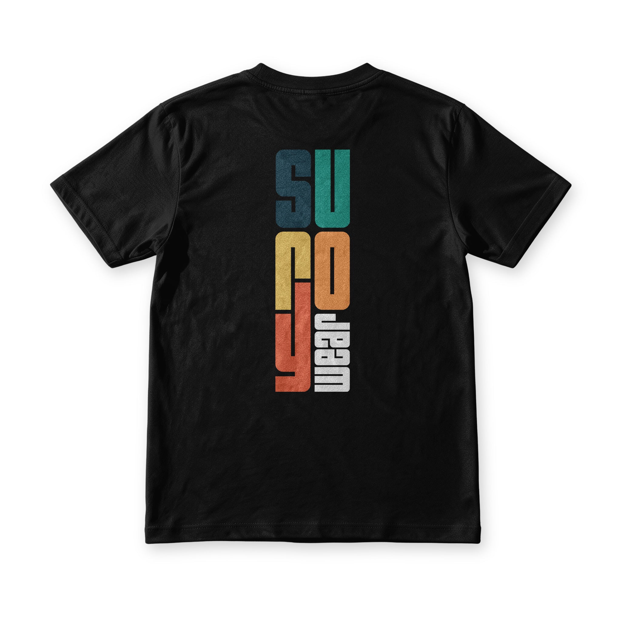 Suroy Sunset tee in black, back view, the wordmark stacked vertically in slate, teal, gold, orange and white