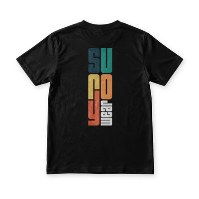 Suroy Sunset tee in black, back view, the wordmark stacked vertically in slate, teal, gold, orange and white