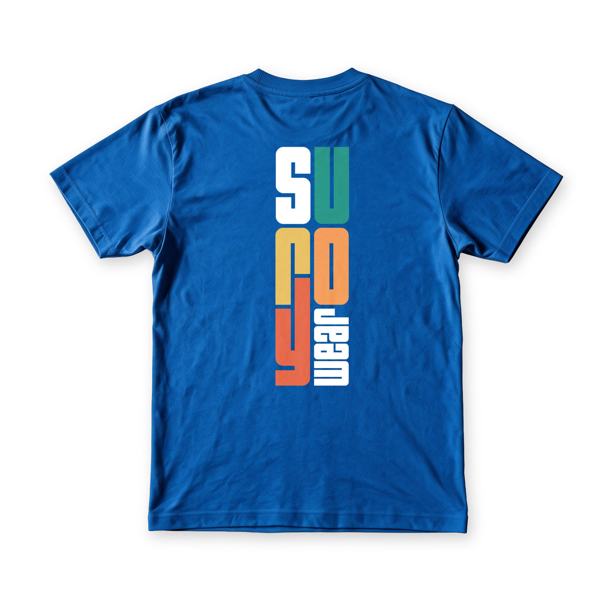 Suroy Sunset tee in Royal Blue, back view, the wordmark stacked vertically in white, teal, gold and coral