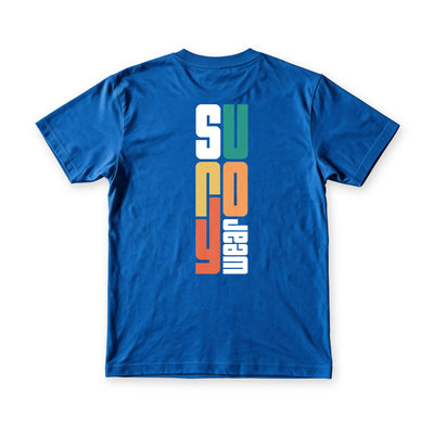 Suroy Sunset tee in Royal Blue, back view, the wordmark stacked vertically in white, teal, gold and coral
