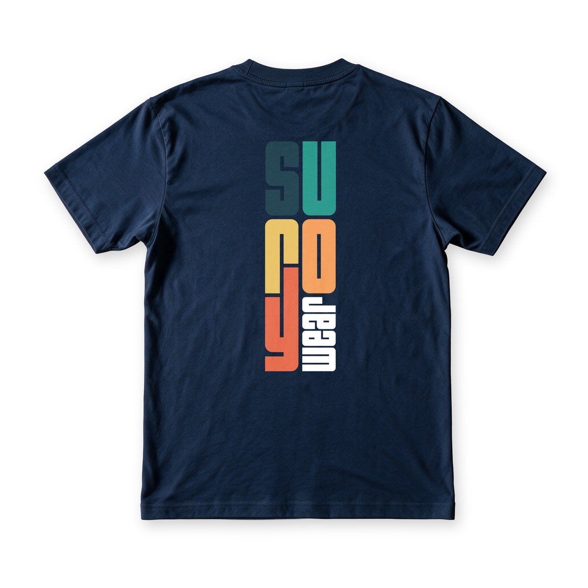 Suroy Wear Suroy Sunset tee in Navy Blue, back view, the wordmark stacked vertically in navy, teal, gold and coral