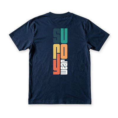 Suroy Wear Suroy Sunset tee in Navy Blue, back view, the wordmark stacked vertically in navy, teal, gold and coral