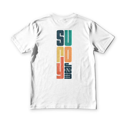 Suroy Sunset tee in white, back view, the wordmark stacked vertically in navy, teal, gold, orange and coral